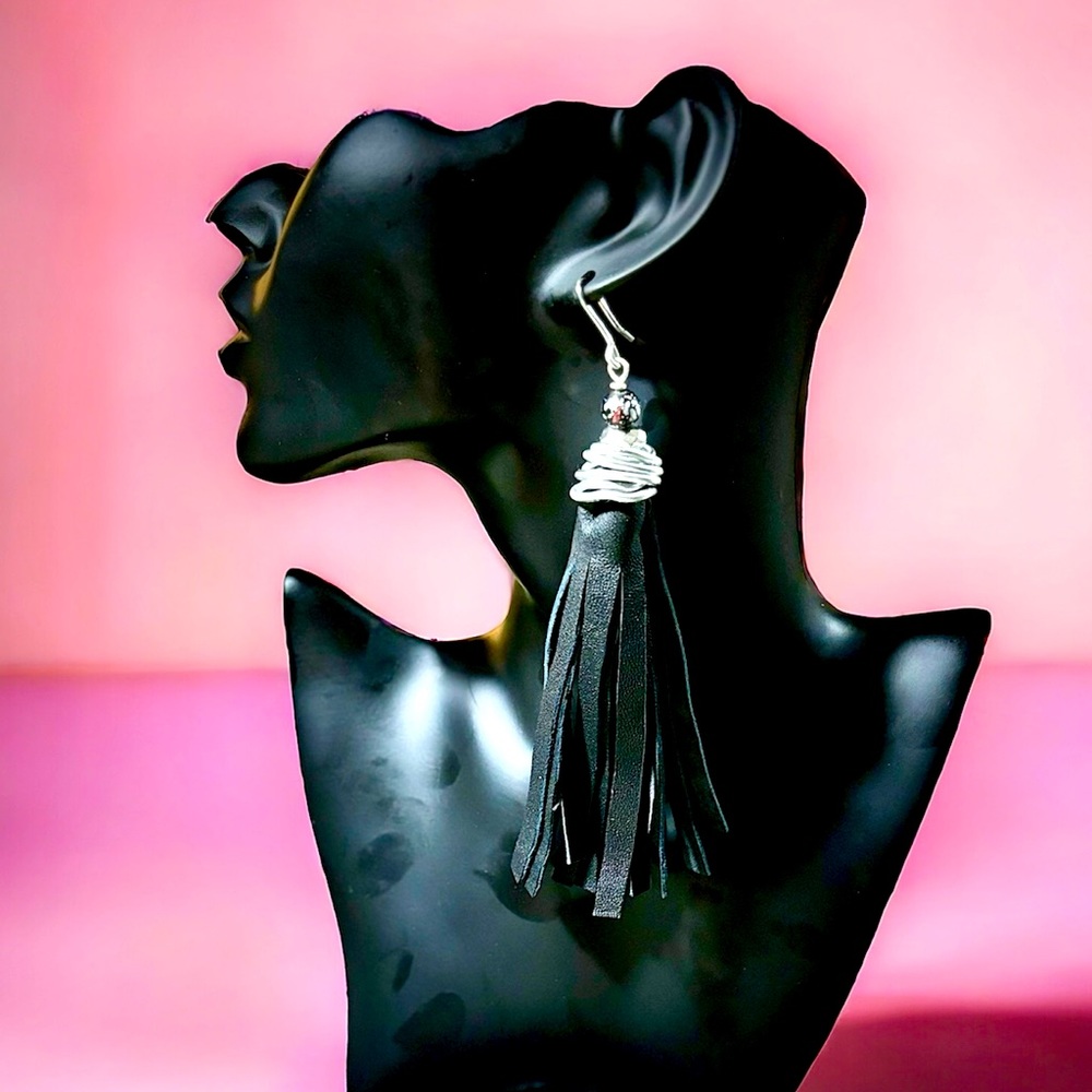 Genuine leather handcrafted black tassel earrings. Hypoallergenic earring wire.